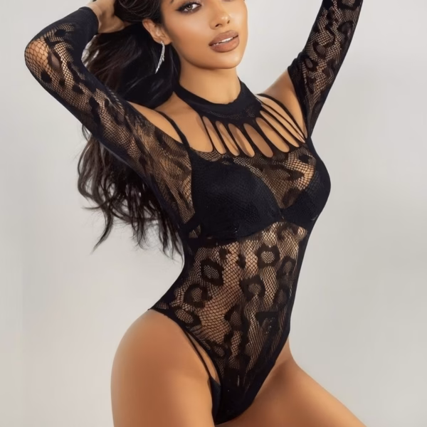 Siyah File Leopar Kadın Body